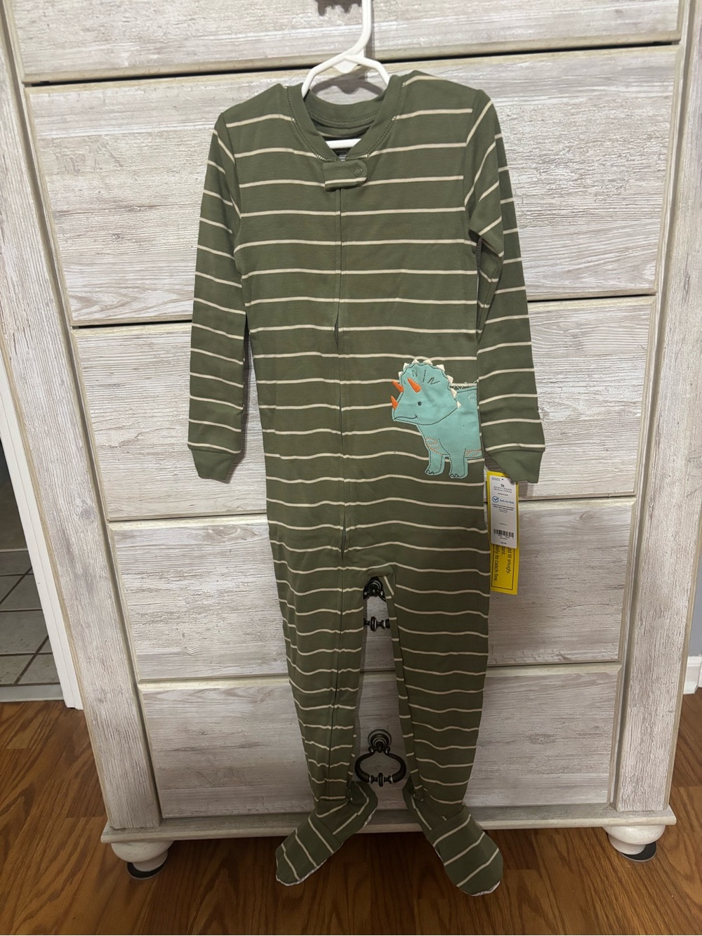 Carter's Olive Green Striped Dino Footed One-Piece